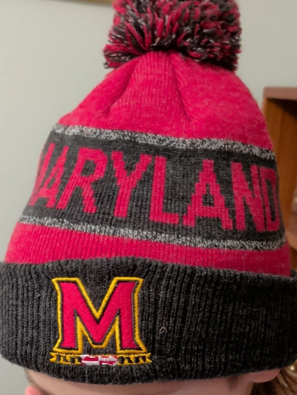 Kids Pom Beanie Maryland Terrapins Hat - Red & Gray